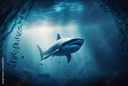 Sharks float in the sea under the sea.