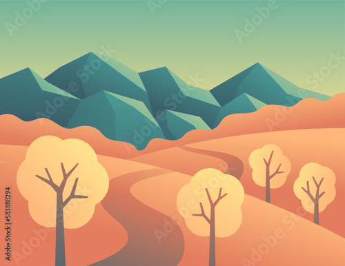 Abstract landscape - Road, hills, trees, mountains