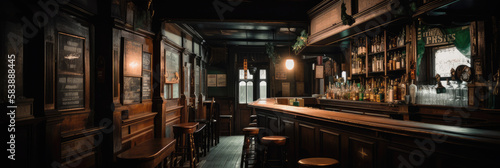 Old bar scene. Traditional or British style bar or pub interior, with wooden paneling and countertops. Historic atmosphere. Generative AI.  © killykoon