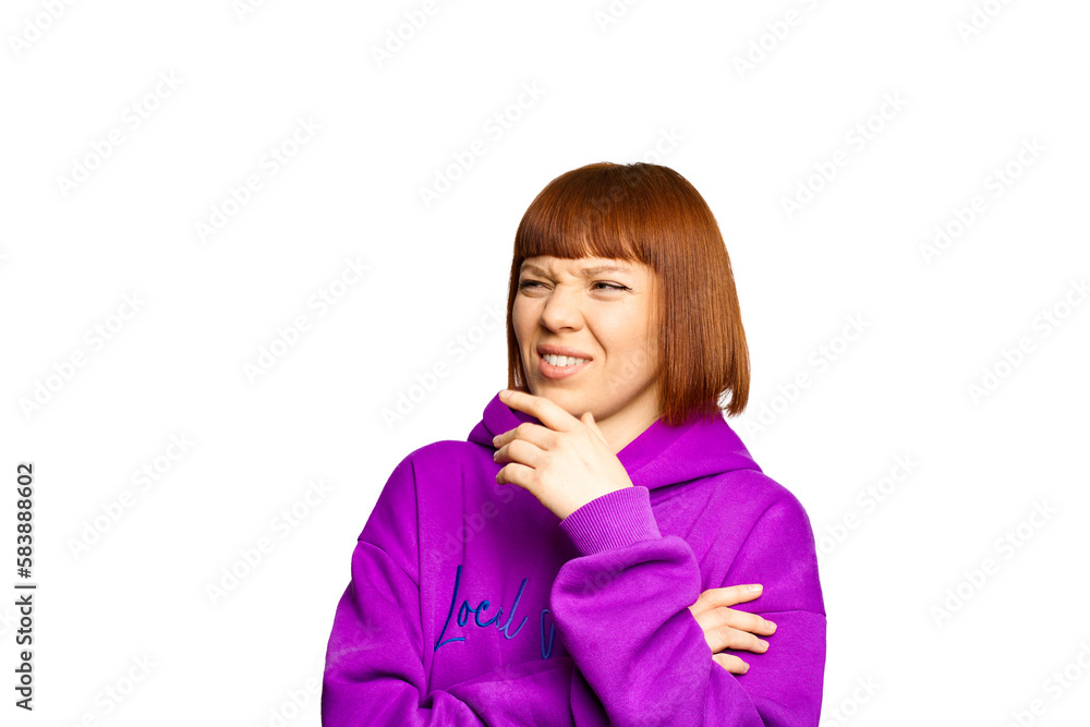 Woman in a purple hoody is doubts Woman in a purple hoody is doubts