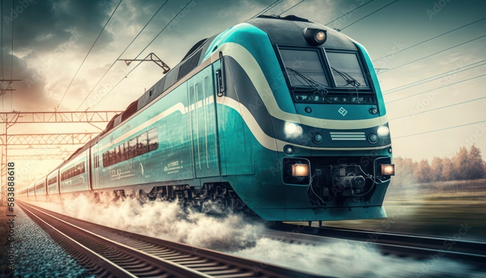 Naklejka premium Electric passenger train drives at high speed, generative ai