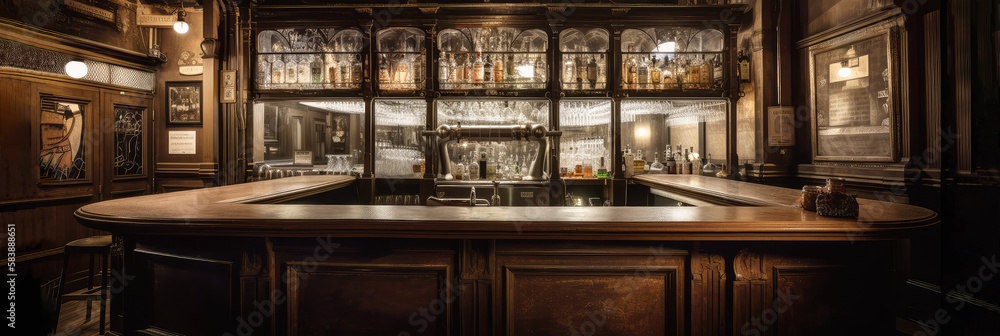 A New york bar. Main bar counter with New York feel. Traditional style bar or pub interior, with wooden paneling, countertop, and mirror interior. Generative AI.
