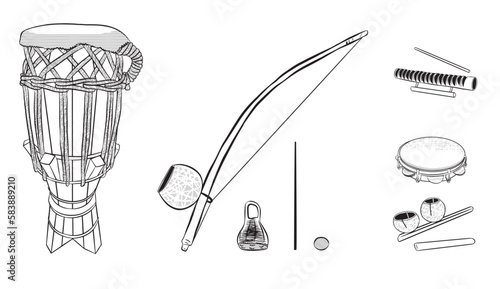 Set of outline drawings of musical instruments used in Brazilian sport music called Capoeira atabaque, berimbau, caxixi, agogo, pandeiro and reco-reco. Vector illustration used on white background.