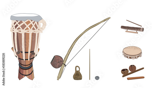 Set of drawings of musical instruments used in Brazilian sport music called Capoeira atabaque, berimbau, caxixi, agogo, pandeiro and reco-reco. Vector illustration used on white background.