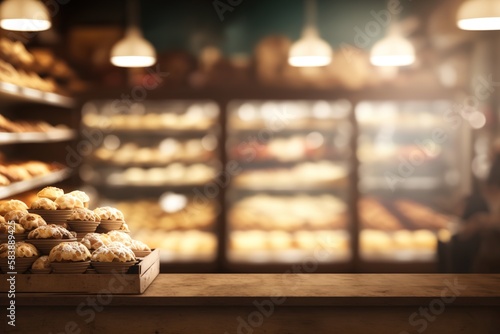 Bakery interior light blurred background, pastries on a blurred background. Generative AI