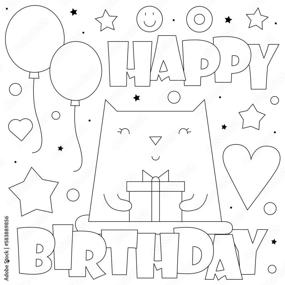 Happy Birthday. Coloring page. Vector illustration of a cat. Stock