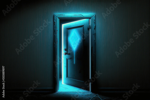 Door, blue neon lines. AI generative.
