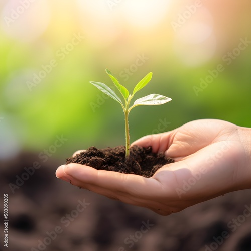 Plant growing out of hand. Plant Growing In Savings Coins - Investment And Interest Concept, Savings, banking, investment, retirement funds or sustainable business. Generative Ai 
