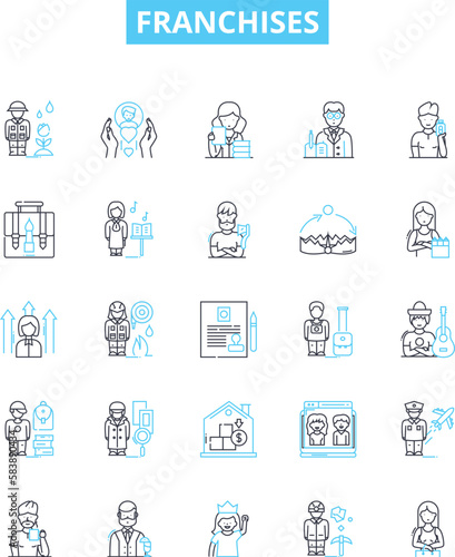 Franchises vector line icons set. Franchises, franchising, franchisors, franchisees, licensing, business, startups illustration outline concept symbols and signs