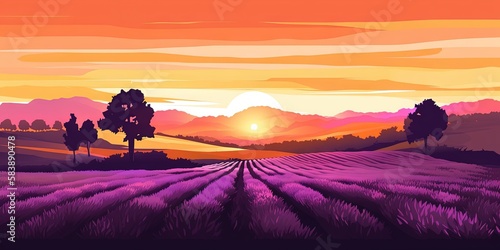 The lavender field at sunset makes for a stunning landscape, Generative AI