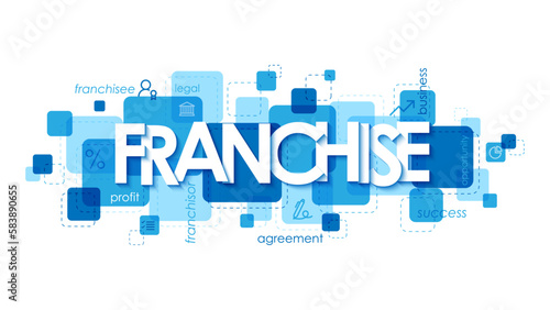 FRANCHISE typography on blue square with icons and keywords