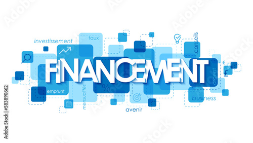 Bannière concept FINANCEMENT bleu avec icônes et mot-clefs