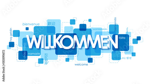 WILLKOMMEN (WELCOME in German) blue vector banner with translations into various languages 