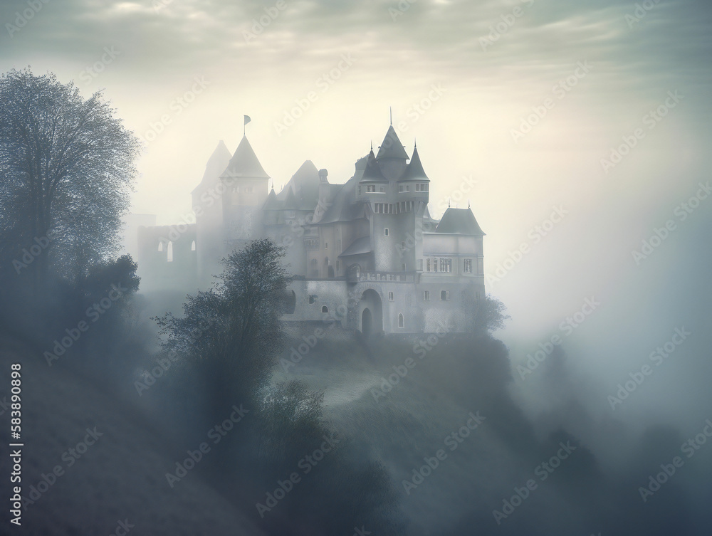 ethereal misty castle, captivating fairytale art, atmospheric medieval fortress, generative AI

