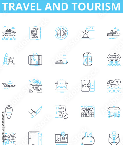 Travel and tourism vector line icons set. Voyage, Trip, Adventure, Tour, Excursion, Sightseeing, Jaunt illustration outline concept symbols and signs