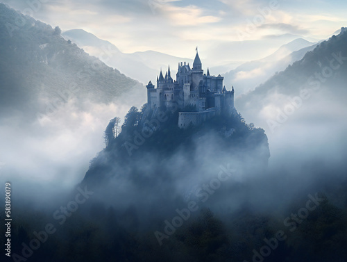 serene foggy castle, beautiful fantasy landscape, medieval fortress in mist, generative AI 