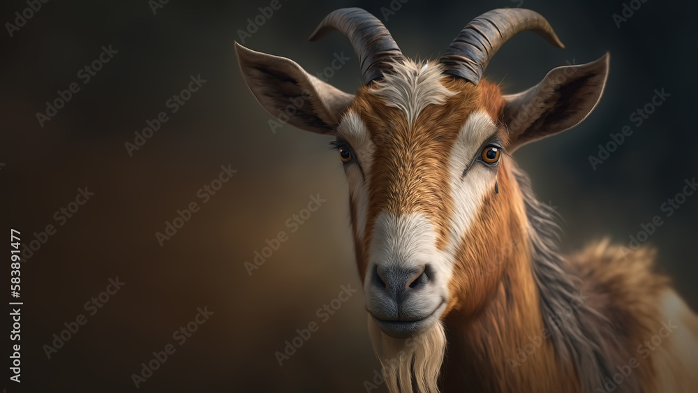 Cute beautiful brown goat with horns. Animal portrait of farm cattle, copy space. Generative ai