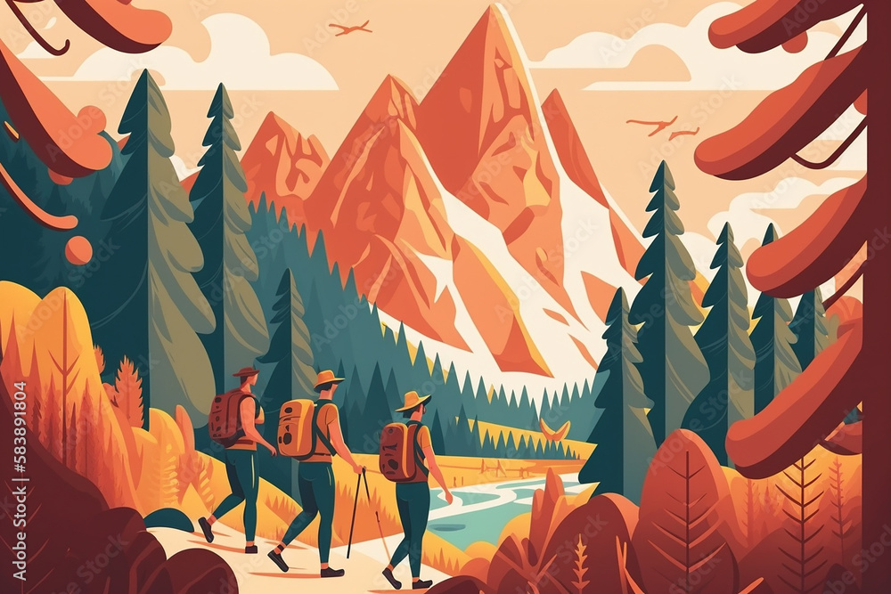 Tourists people group hiking in mountains and forest. People with backpacks hold trekking pole. The concept of discovery, exploration, hiking, adventure tourism and travel. Illustration generative AI.
