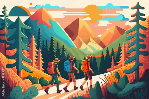 Tourists people group hiking in mountains and forest. People with backpacks hold trekking pole. The concept of discovery  exploration  hiking  adventure tourism and travel. Illustration generative AI.