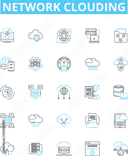 Network clouding vector line icons set. Network, Clouding, Cloud, Computing, Networking, Virtualization, Storage illustration outline concept symbols and signs