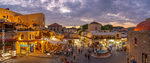 View of Hippocrates Square at dusk, Old Rhodes Town, UNESCO World Heritage Site, Rhodes, Dodecanese, Greek Islands photo
