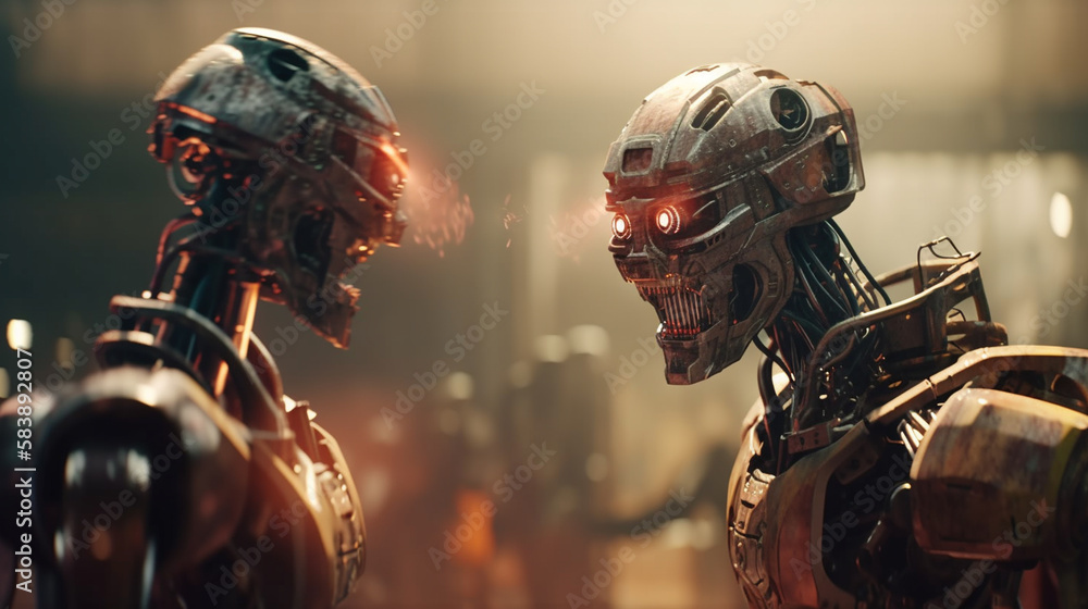 Two futuristic robot screams each other. Generative Ai Two futuristic robot screams each other. Generative Ai