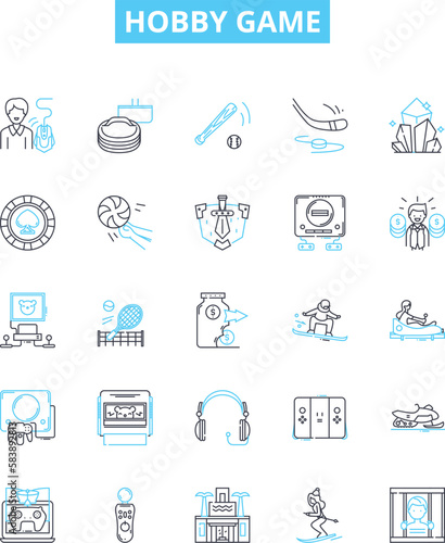 Hobby game vector line icons set. Gaming, Tabletop, Role-Playing, Fishing, Painting, Woodworking, Astronomy illustration outline concept symbols and signs