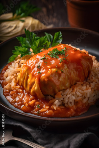 Traditional stuffed cabbage with minced meat and rice, served in a tomato sauce. (Generative ai)