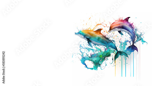 Photo dolphins jumping on white background, splash Generated by AI