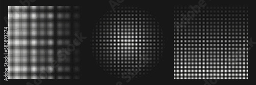 Abstract geometric halftone shapes. White dotted circle and square gradient. 