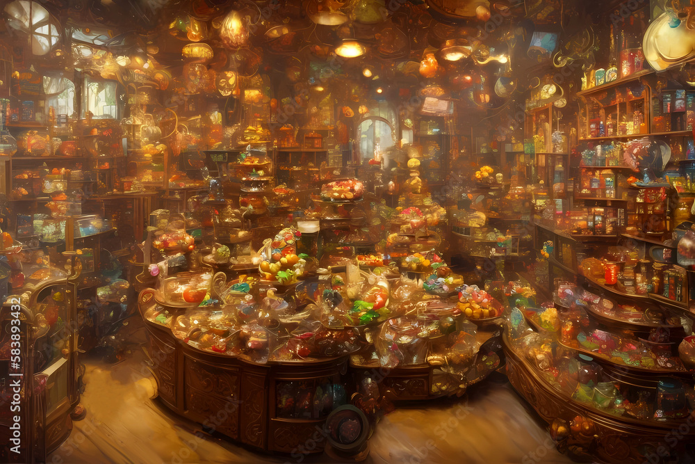 The interior of an old fashioned candy store crowded with sweets and confectioneries on shelves. generative ai illustration