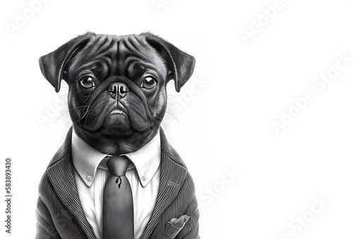Pug in a suit, tie and shirt. Black and white portrait. Generated AI