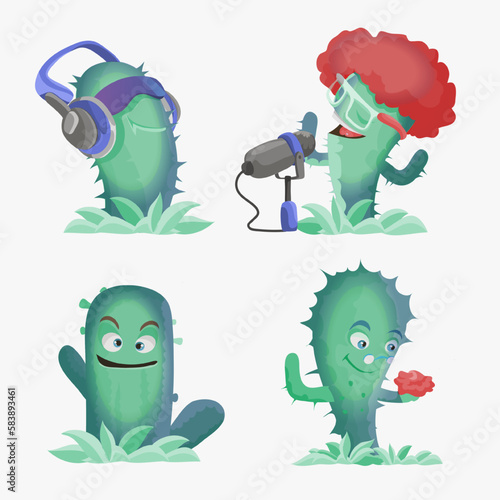 Cactuses cute kawaii vector characters. Plants with smiling faces. Cactus in headphones, cactus sings, a couple of cacti and funny face. Funny emoji, emoticon set. Isolated cartoon color illustration