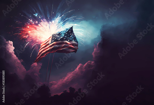 USA flag. USA Flag Day. Independence Day. Fireworks. Generated AI
