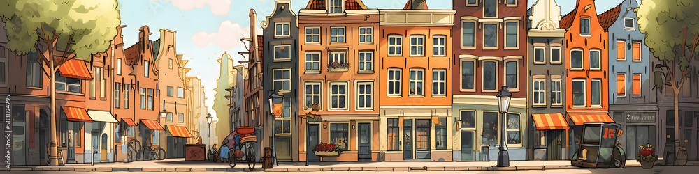 Cartoon multicolor colorful historic buildings city town Amsterdam. Netherlands. Panorama Holland, boat embankment bicycle multi color street. Generative Ai.