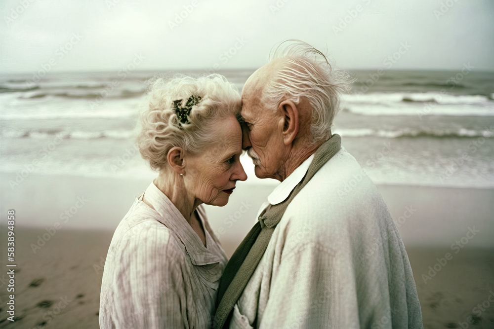 Couple of old mature people. Tourism couple family travel leisure and activity after retirement in vacations and summer. Beach Background. Generative AI