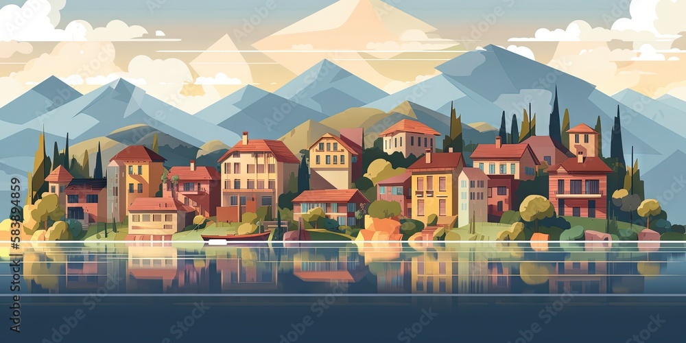 Beautiful nature view: mountains, sea, cozy town houses Vector flat landscape illustration for travel advertising, Generative AI
