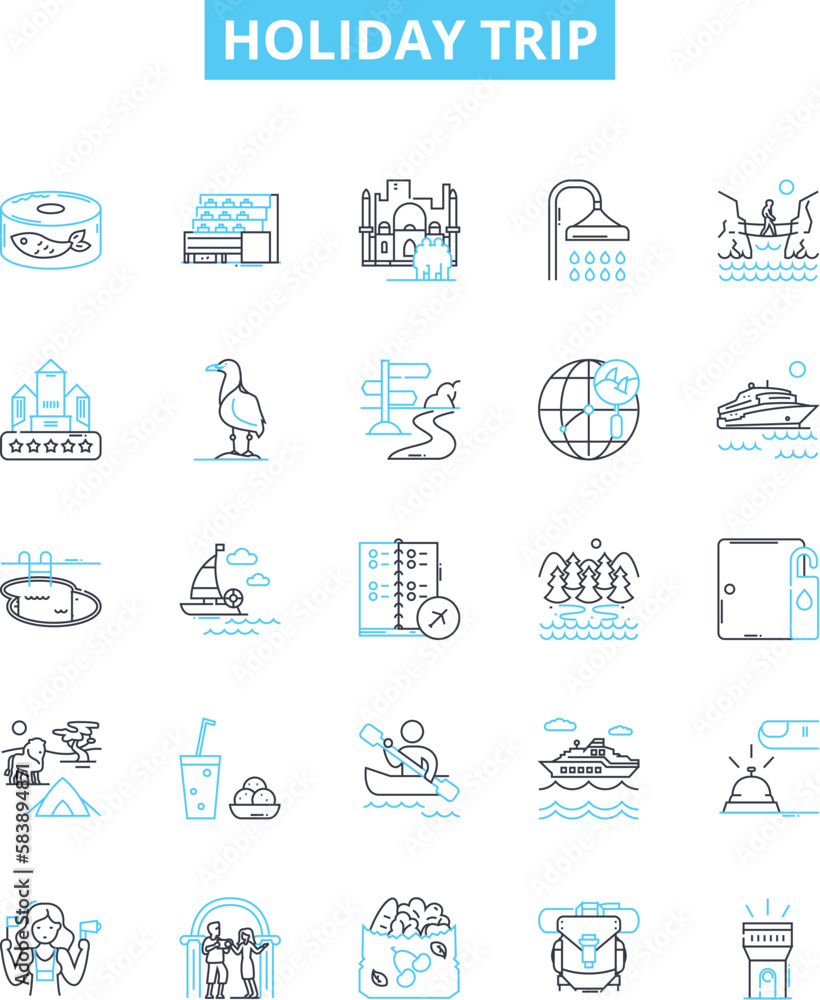 Holiday trip vector line icons set. Vacation, Travel, Journey, Getaway, Tour, Escape, Adventure illustration outline concept symbols and signs Holiday trip vector line icons set. Vacation, Travel, Journey, Getaway, Tour, Escape, Adventure illustration outline concept symbols and signs