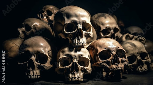 Many human skulls. Halloween concept. Generative Ai