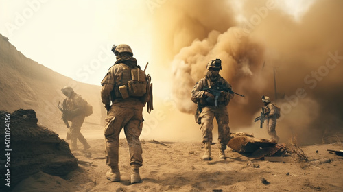 Soldiers fighting at desert. War. Generative Ai photo