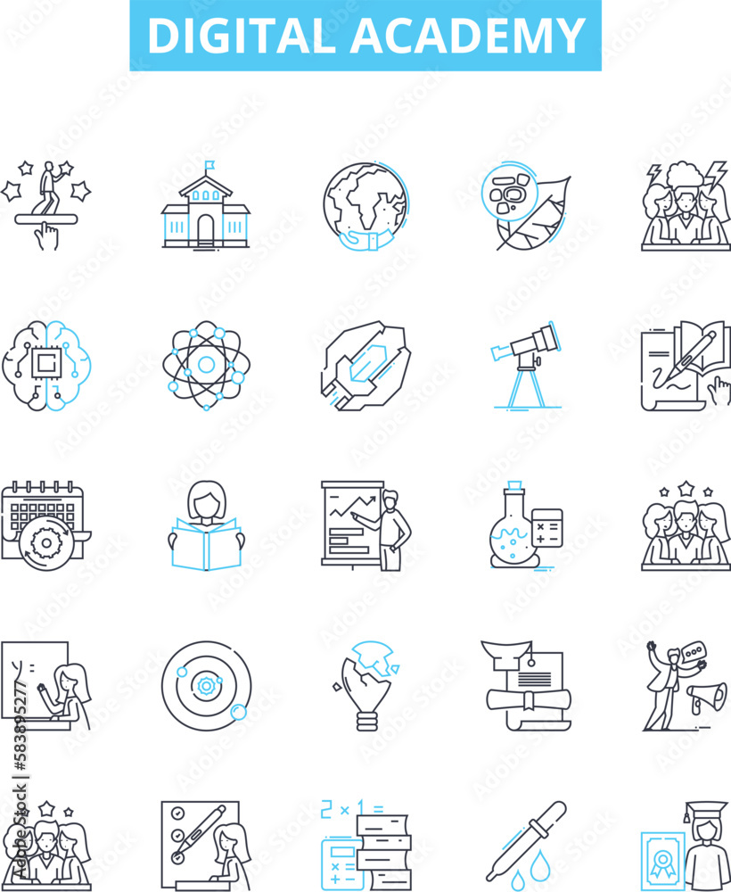 Digital academy vector line icons set. Digital, Academy, Online, Course, Learning, Education, School illustration outline concept symbols and signs Digital academy vector line icons set. Digital, Academy, Online, Course, Learning, Education, School illustration outline concept symbols and signs