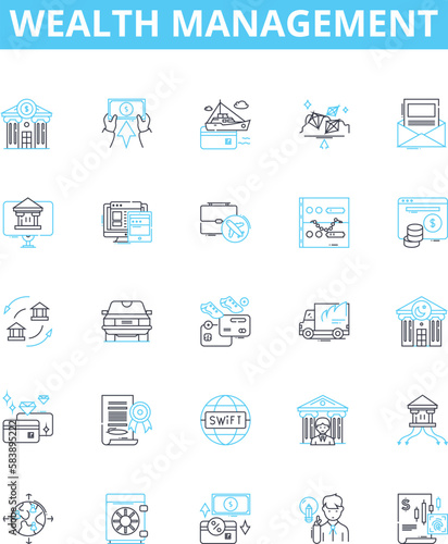 Wealth management vector line icons set. Wealth, Management, Investment, Portfolio, Finance, Security, Planning illustration outline concept symbols and signs