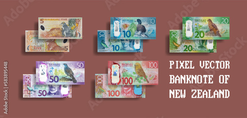 Vector set of mosaic pixelated New Zealand banknotes. Bills in denominations of 5, 10, 20, 50 and 100 dollars.