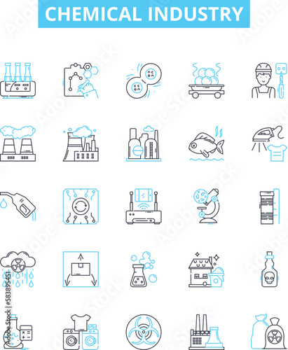 Chemical industry vector line icons set. Chemicals, Industry, Petrochemicals, Fertilizers, Petroleum, Synthetics, Pharmaceuticals illustration outline concept symbols and signs