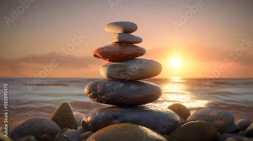 Stack of stones on the beach at sunset. Stack of zen stones. Generative Ai