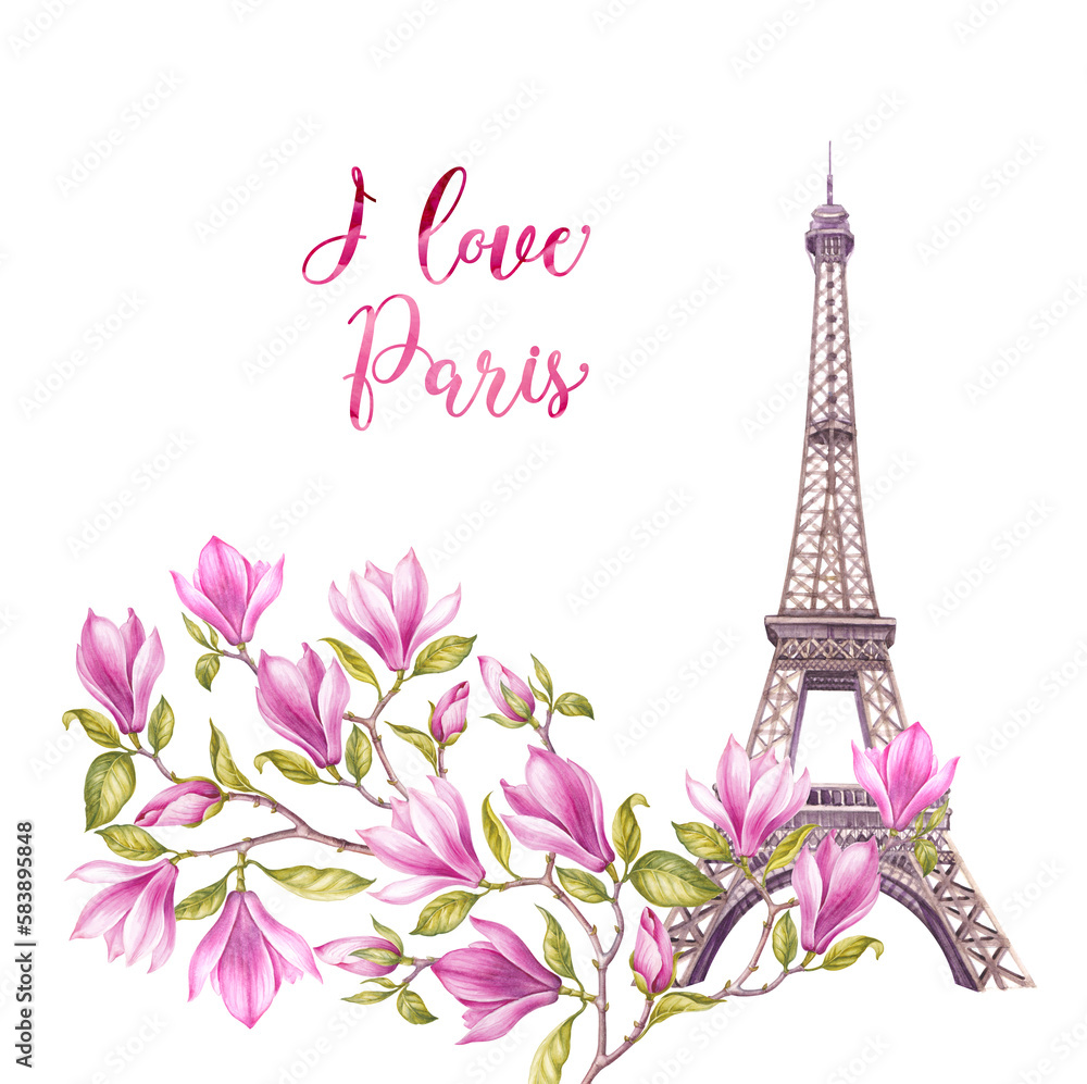 Eiffel Tower spring watercolor illustration. Flowers and Paris.
