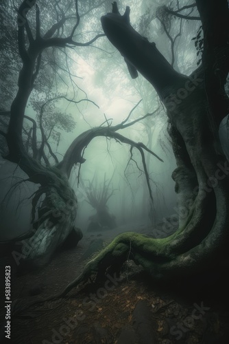 misty morning in the forest, generative AI © legendexpert