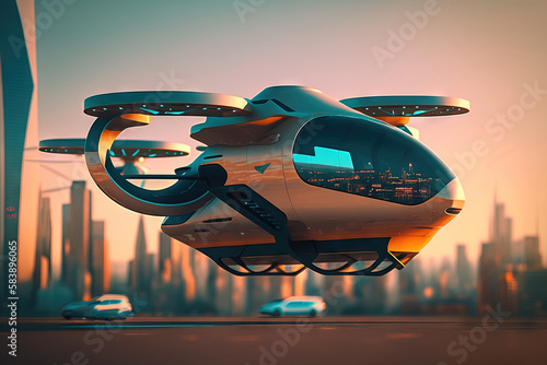 Future of urban air mobility, city air taxi. Concept car. Generative AI