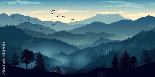 A scenic landscape with blue mountain silhouettes in the foreground, Generative AI © Oleksii
