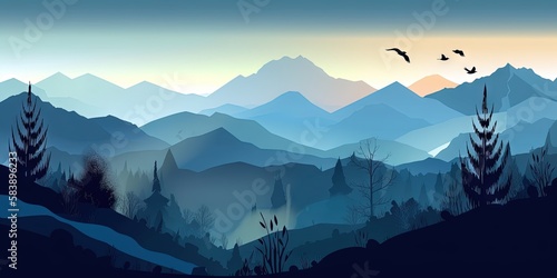 A landscape with blue mountain silhouettes in a vector format, Generative AI © Oleksii